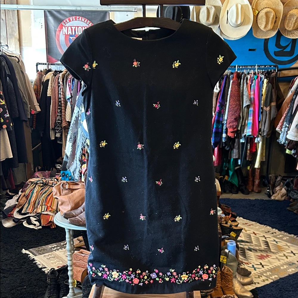 Talbots Black Dress with Multicolor Floral Embroidery